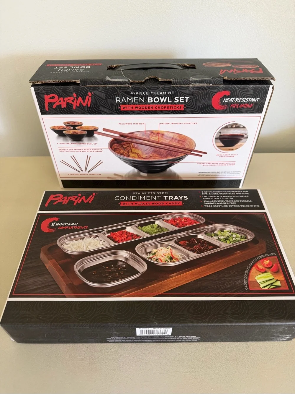 Parini Stainless Steel Condiment Trays with Acacia Wood Caddy - Brown & Silver